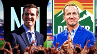 Eli and Peyton Manning, who are owners of the Gotham FC and Denver Summit with Sports Illustrated Stadium background.