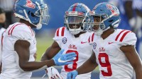 Mississippi Rebels wide receiver Elijah Moore (8) celebrates after a Mississippi touchdown in the second half against Kentucky at Kroger Field.