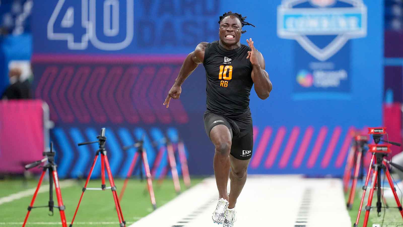 Nebraska running back Emmett Johnson (RB10) during the NFL Scouting Combine at Lucas Oil Stadium. 