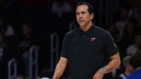 Miami Heat head coach Erik Spoelstra looks on against the Houston Rockets during the first quarter at Kaseya Center.