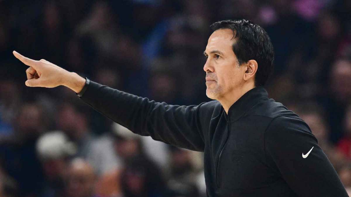 Miami Heat head coach Erik Spoelstra reacts during the first half against the Cleveland Cavaliers at Rocket Arena.