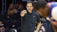 Miami Heat head coach Erik Spoelstra reacts against the Detroit Pistons during the second half at Kaseya Center.
