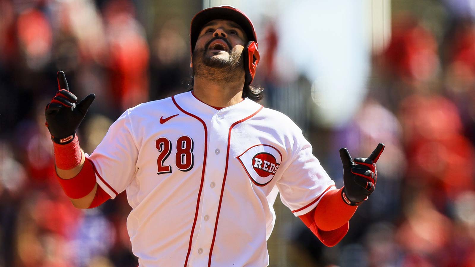 Cincinnati Reds third baseman Eugenio Suarez (28) reacts after hitting a three-run home run in the sixth inning against the Boston Red Sox at Great American Ball Park