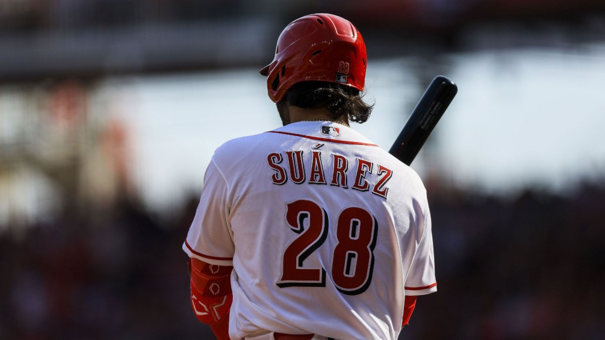 Cincinnati Reds designated hitter Eugenio Suarez (28) prepares to bat in the second inning against the Boston Red Sox at Great American Ball Park.