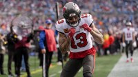 Tampa Bay Buccaneers wide receiver Mike Evans (13) reacts a touchdown during the first half against the Carolina Panthers at Bank of America Stadium.