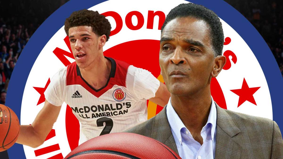 Ralph Sampson and Lonzo Ball playing in McDonald's All-American Game. McDonald's All-American Game logo front and center.