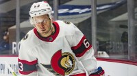 Ottawa Senators forward Evgenii Dadonov (63) celebrates his goal against the Vancouver Canucks in the third period at Rogers Arena. Canucks won 4-2.