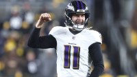 Baltimore Ravens punter Jordan Stout (11) reacts against the Pittsburgh Steelers during the fourth quarter at Acrisure Stadium.