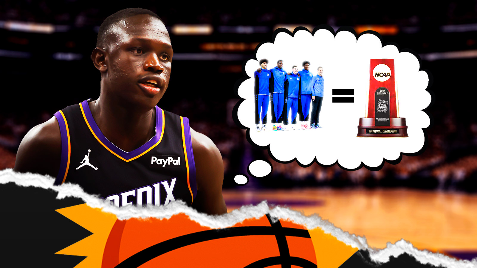 Phoenix Suns Khaman Maluach looking hyped. There is a Suns logo underneath in a ripple effect. He has a thought bubble of the 2025-26 Duke men's basketball team, an equal sign next to them, and next to the equal sign is a picture of the NCAA men's basketball championship