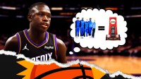 Phoenix Suns Khaman Maluach looking hyped. There is a Suns logo underneath in a ripple effect. He has a thought bubble of the 2025-26 Duke men's basketball team, an equal sign next to them, and next to the equal sign is a picture of the NCAA men's basketball championship