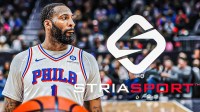 An image of Andre Drummond next to the Stria Sports logo with a basketball court in the background