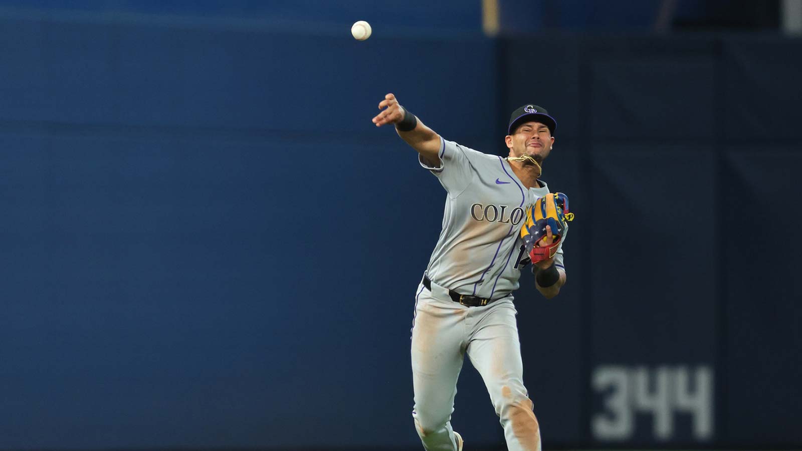 Colorado Rockies shortstop Ezequiel Tovar (14) throws to first base to retire Miami Marlins left fielder Heriberto Hernandez (not pictured) during the sixth inning at loanDepot Park.