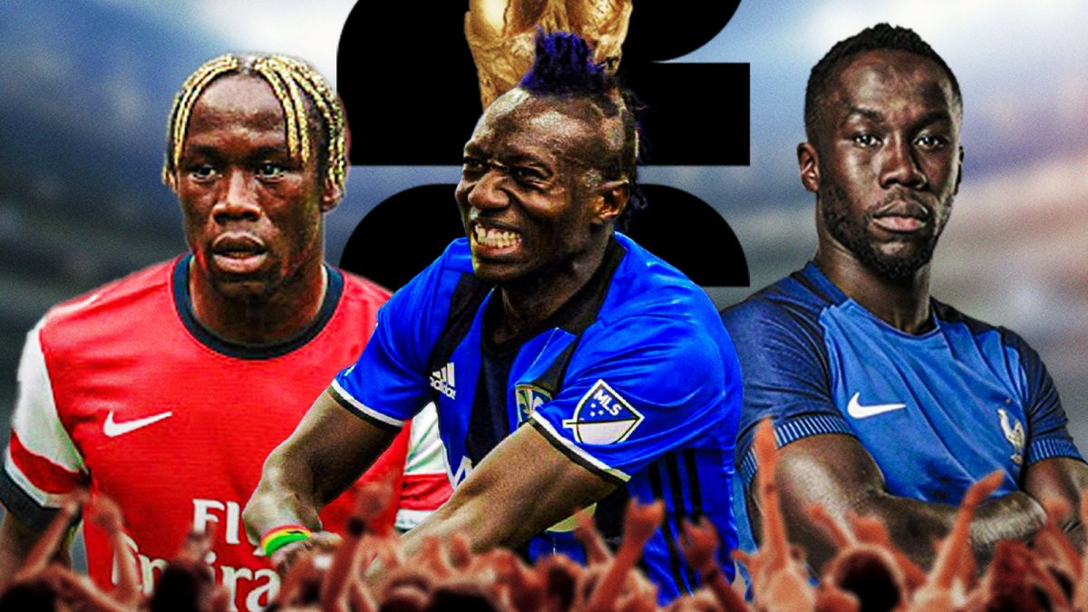 Bacary Sagna in a Montreal Impact MLS kit, an Arsenal jersey, a French National team jersey, 2026 World Cup logo