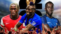 Bacary Sagna in a Montreal Impact MLS kit, an Arsenal jersey, a French National team jersey, 2026 World Cup logo