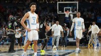 North Carolina Tar Heels guard Seth Trimble (7) reacts after losing to the VCU Rams in overtime of a first round game of the men's 2026 NCAA Tournament at Bon Secours Wellness Arena.
