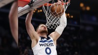 Feb 26, 2026; Inglewood, California, USA; Minnesota Timberwolves guard Donte DiVincenzo (0) dunks the ball during the second quarter against the Los Angeles Clippers at Intuit Dome. Mandatory Credit: Kiyoshi Mio-Imagn Images