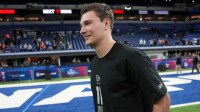 Indiana quarterback Fernando Mendoza (QB11) looks on during the NFL Scouting Combine at Lucas Oil Stadium.