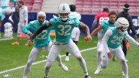 Miami Dolphins safety Elijah Campbell (22), cornerback JuJu Brents (32) and safety Minkah Fitzpatrick (29) during practice at Estadio Riyadh Air Metropolitano