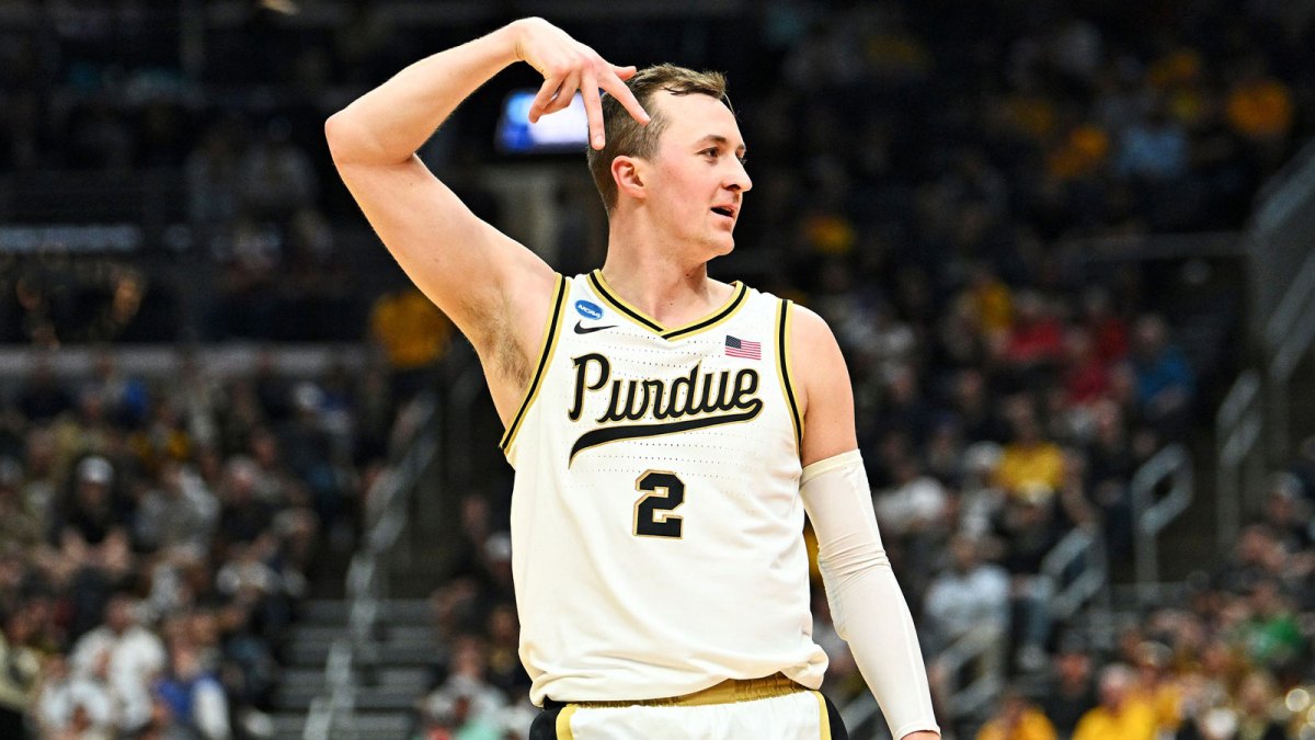 Purdue Boilermakers guard Fletcher Loyer (2) reacts after a three pointer during the second half against the Queens University of Charlotte Royals during a first round game of the men's 2026 NCAA Tournament at Enterprise Center.