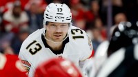 Florida Panthers center Sam Reinhart (13) gets set during a face-off in the first period against the Detroit Red Wings at Little Caesars Arena.