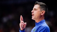 Florida coach Todd Golden works with his team against Vanderbilt during the first half of a SEC tournament semifinal game.