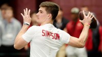 March 25, 2026; Tuscaloosa, AL, USA; Quarterback Ty Simpson throws during Pro Day in the Hank Crisp Indoor Practice Facility at the University of Alabama.