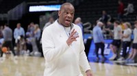North Carolina head coach Hubert Davis is shown during practice before their first round NCAA men’ s basketball tournament game