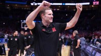 Nebraska Cornhuskers head coach Fred Hoiberg celebrates after defeating the Vanderbilt Commodores in a second round game of the men's 2026 NCAA Tournament at Paycom Center.