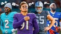 Tyler Linderbaum photoshopped in Raiders jersey, Trey hendrickson photoshopped in Ravens jersey, MaliK Willis photoshopped in Dolphins jersey, Jaylon Watson photoshopped in Rams jersey. Include jersey numbers on all of these swaps. Also, need letter grades (A+, B-, C, D+, F-, etc.) all around the graphic.