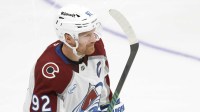 Colorado Avalanche left wing Gabriel Landeskog (92) looks on after scoring a goal against the Washington Capitals during the third period at Capital One Arena.
