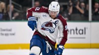 Colorado Avalanche left wing Gabriel Landeskog (92) skates against the Dallas Stars during the game between the Stars and the Avalanche at American Airlines Center.