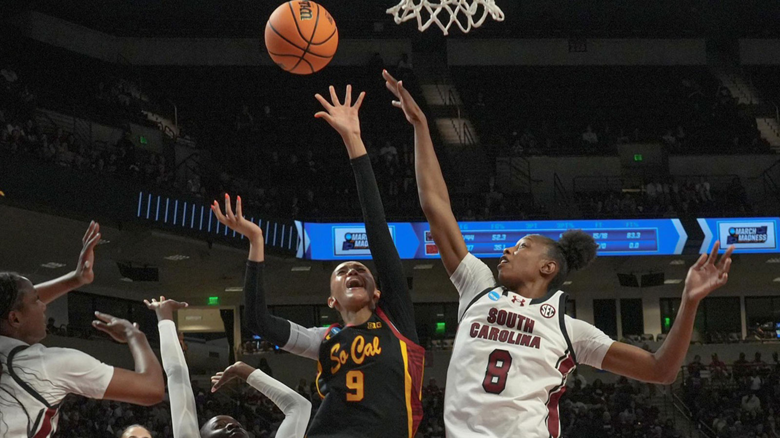 South Carolina forward Joyce Edwards (8) defends the shot by University of Southern California forward Jazzy Davidson (9) Monday, March 23, 2026, after the Gamecocks won in the NCAA Women's Basketball Tournament at Colonial Life Arena in Columbia, South Carolina.