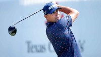 Gary Woodland hits a tee shot on the first hole during the final round of the Texas Children's Houston Open golf tournament.