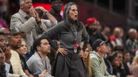 Atlanta Hawks co-owner Jami Gertz reacts during the game against the Charlotte Hornets during the second half at State Farm Arena.