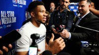 Giannis Antetokounmpo speaks during interviews at media day at Intuit Dome.
