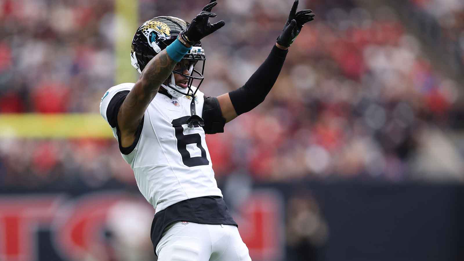 Jacksonville Jaguars cornerback Greg Newsome II (6) reacts after a defensive play against the Houston Texans during the second half at NRG Stadium.