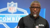 New York Jets coach Aaron Glenn speaks at the NFL Scouting Combine at the Indiana Convention Center.