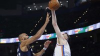 Oklahoma City Thunder center/forward Isaiah Hartenstein (55) blocks a shot by Minnesota Timberwolves center Rudy Gobert (27) during the second half at Paycom Center.