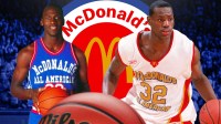 LeBron James and Michael Jordan both playing in the McDonald's All-American Game. McDonald's All-American Game logo front and center.