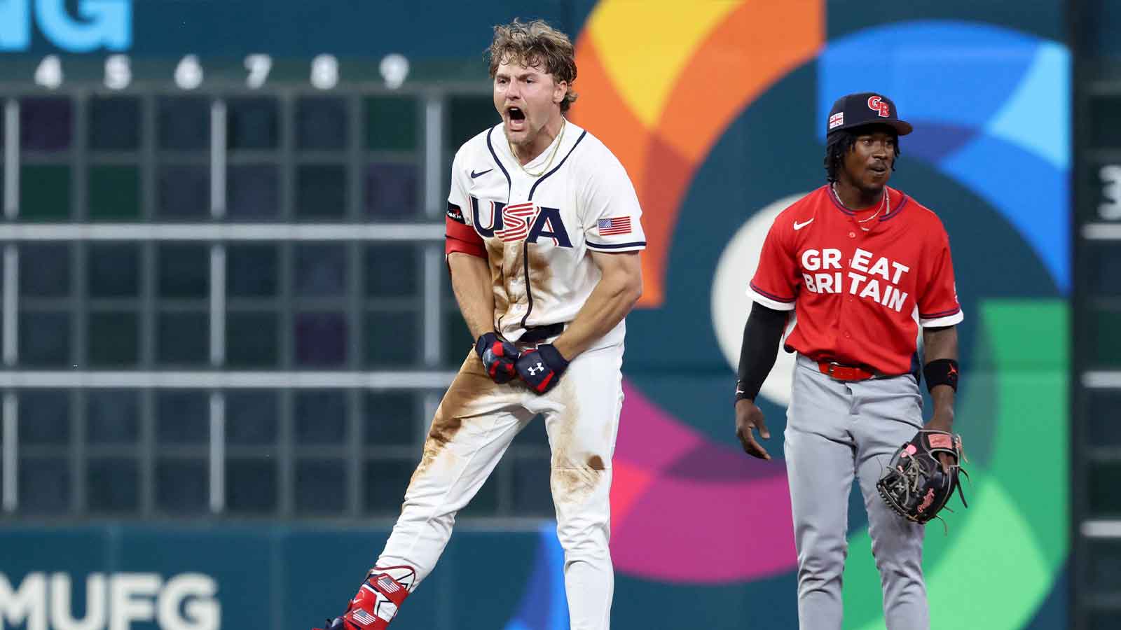 United States shortstop Gunnar Henderson (11) celebrates after hitting a two-run double against Great Britain during the fifth inning at Daikin Park. 