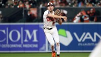 Baltimore Orioles shortstop Gunnar Henderson (2) throws to first during the eighth inning against the Texas Rangers at Oriole Park at Camden Yards.