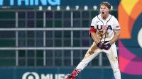 United States shortstop Gunnar Henderson (11) celebrates after hitting a two-run double against Great Britain during the fifth inning at Daikin Park.