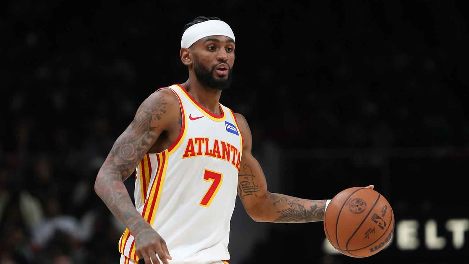 Atlanta Hawks guard Nickeil Alexander-Walker (7) controls the ball against the Boston Celtics in the second half at State Farm Arena.