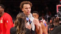 Hawks guard Dyson Daniels (5) does an interview