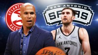 Richard Jefferson and Luke Kornet, San Antonio Spurs and Atlanta Hawks logos in background