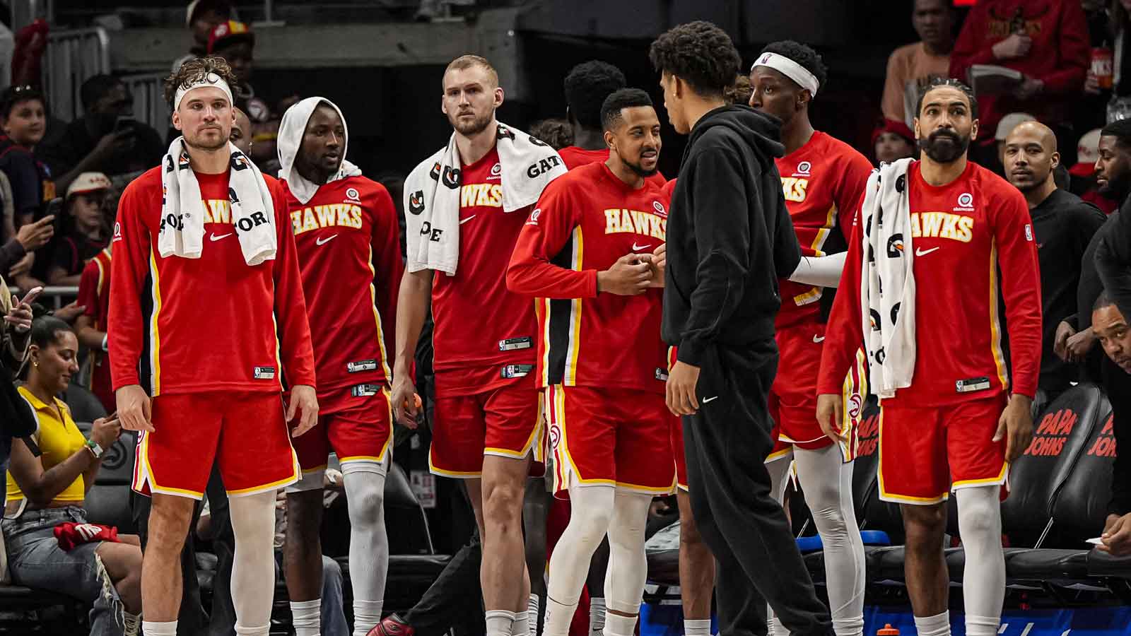 The Atlanta Hawks bench reacts after defeating the Memphis Grizzlies at State Farm Arena.