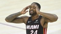 Miami Heat forward Haywood Highsmith (24) reacts in the fourth quarter of game two of the first round of the 2025 NBA Playoffs against the Cleveland Cavaliers at Rocket Arena.
