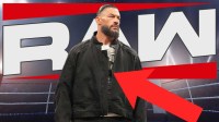WWE star Roman Reigns with Monday Night RAW logo behind him and arrow pointing at his denim jacket.