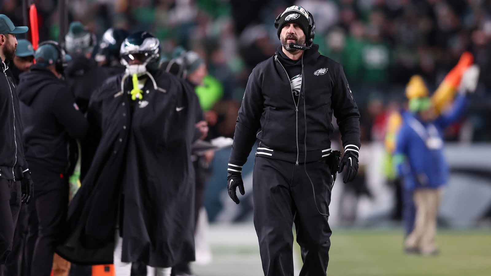 Philadelphia Eagles head coach Nick Sirianni looks on during the second quarter against the San Francisco 49ers in an NFC Wild Card Round game at Lincoln Financial Field.