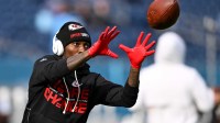 Kansas City Chiefs wide receiver Hollywood Brown (5) makes a catch against the Tennessee Titans during pre-game warmups at Nissan Stadium.